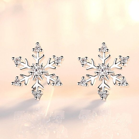 Silver Plated Diamond Zircon Snowflake Flower Stud Earrings Women's Party Gift - Picture 1 of 5
